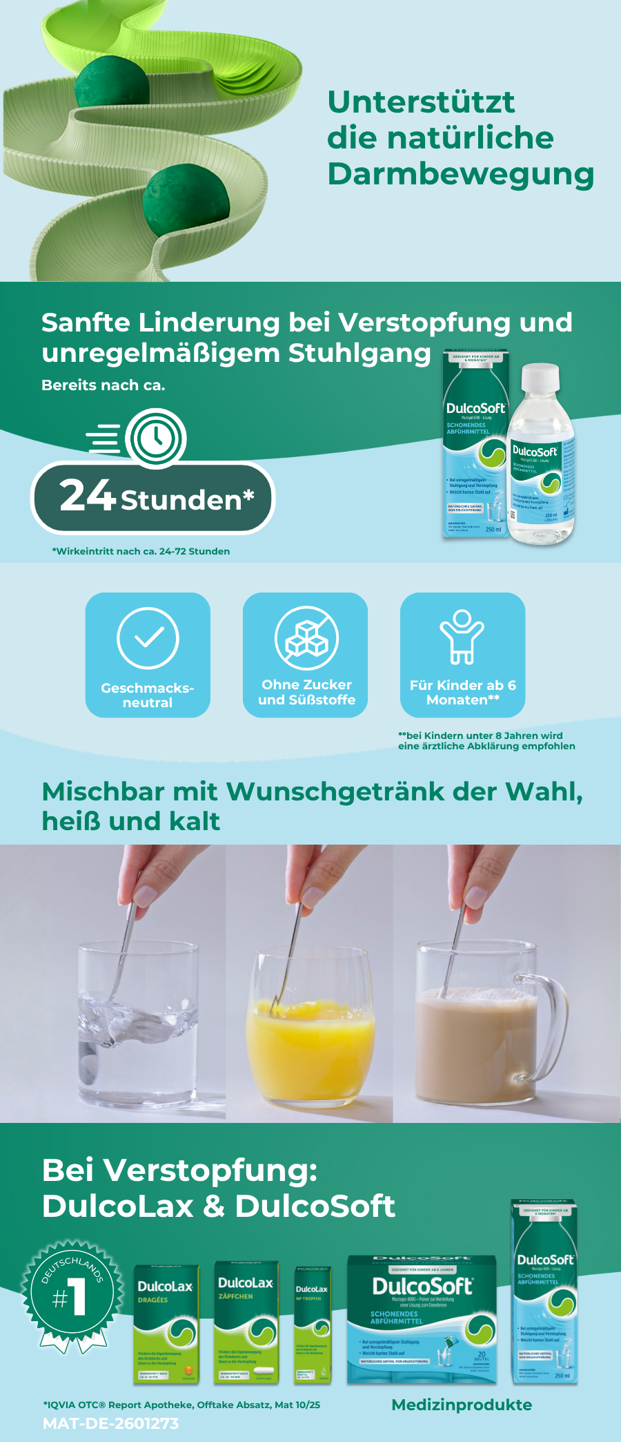 Infografik. Text: Unterstützt die natürliche Darmbewegung. Sanfte Linderung bei Verstopfung und unregelmäßigem Stuhlgang. 24 Stunden*. Mischbar mit Getränken.